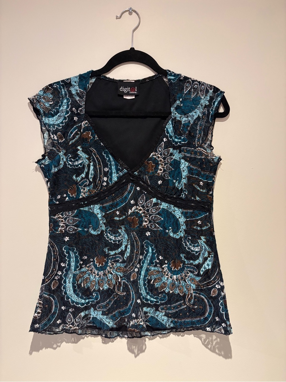 Blue Paisley Cap-Sleeve V-Neck Top